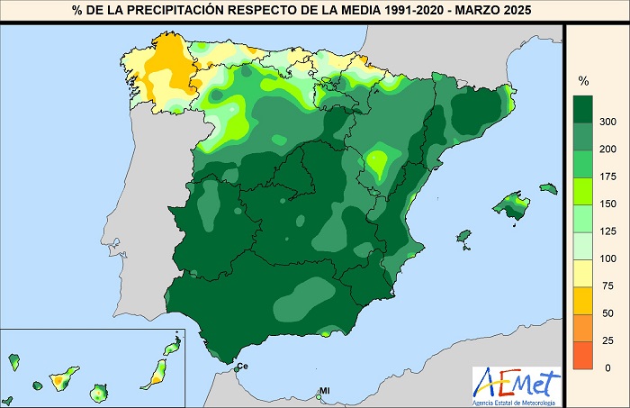 Porcentaje de la precipitación con respecto a la media 1991-2020 en marzo de 2025.