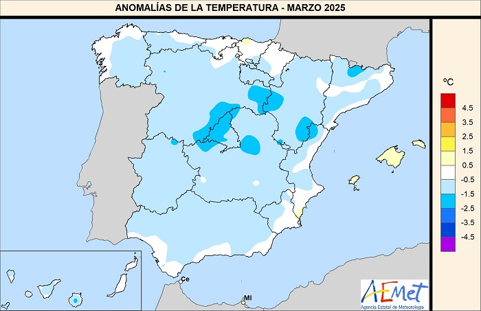 Anomalías de las temperaturas medias en marzo de 2025 respecto al período 1991-2020.