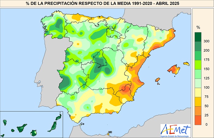 Porcentaje de la precipitación con respecto a la media 1991-2020 en abril de 2025.