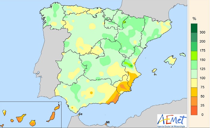 Porcentaje de precipitación respecto al valor normal del período 1961-2020