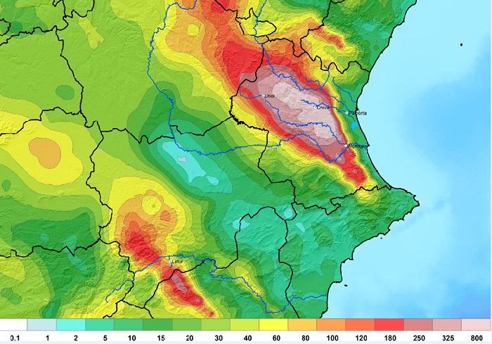 Precipitación acumulada el 29 de octubre de 2024 (datos de AEMET, AVAMET, SMC, SIAR, SISRITEL y SAIH)