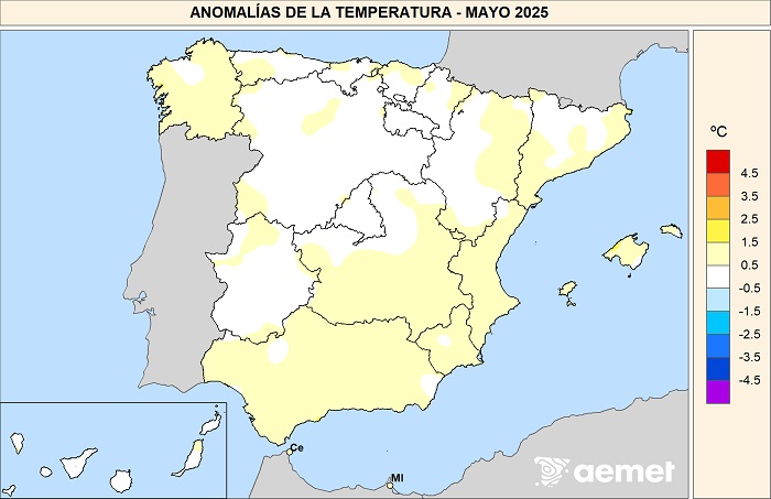 Anomalías de las temperaturas medias en mayo de 2025 respecto al período 1991-2020.