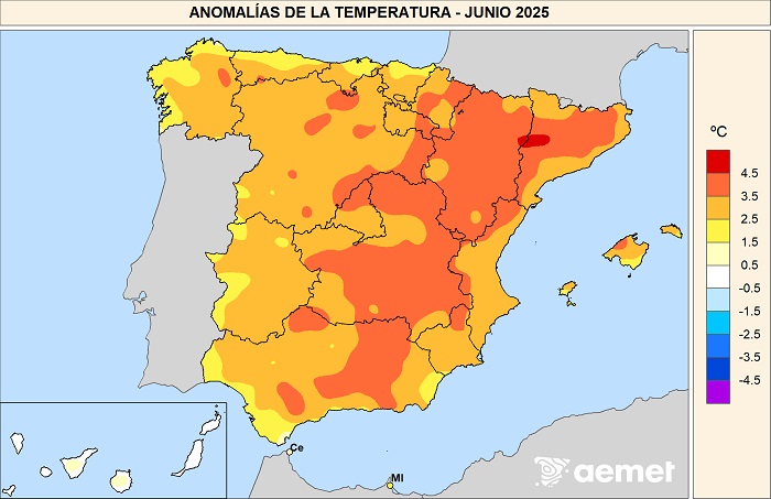 Anomalías de las temperaturas medias en junio de 2025 respecto al período 1991-2020.