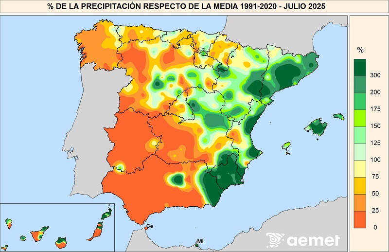 Porcentaje de la precipitación con respecto a la media 1991-2020 en julio de 2025.