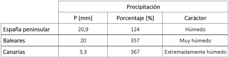 Tabla de precipitaciones acumuladas en julio de 2025 en los distintos ámbitos geográficos de España, anomalía con respecto a lo normal y carácter.