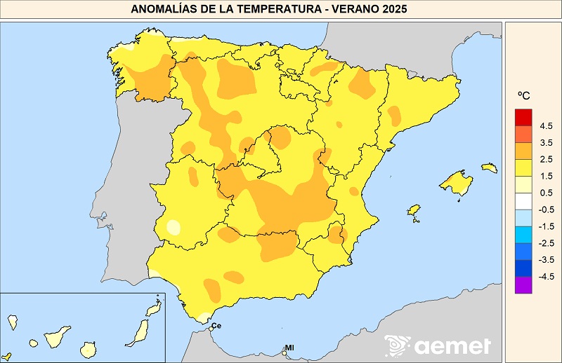 Anomalías de la temperatura registrada en el verano de 2025 respecto al promedio normal del período 1991-2020.