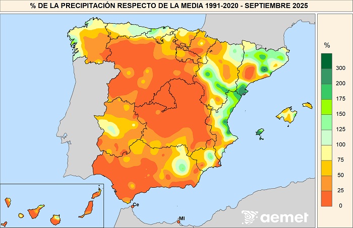Porcentaje de la precipitación con respecto a la media 1991-2020 en septiembre de 2025.