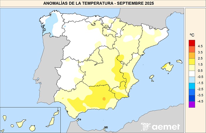 Anomalías de las temperaturas medias en septiembre de 2025 respecto al período 1991-2020.