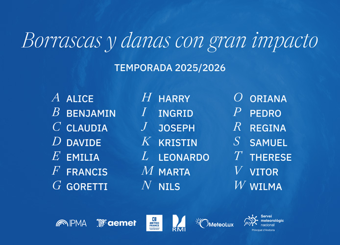 Nombres de las borrascas y danas con gran impacto de la temporada 2025-2026
