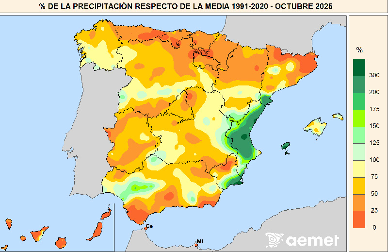 Porcentaje de la precipitación con respecto a la media 1991-2020 en octubre de 2025.