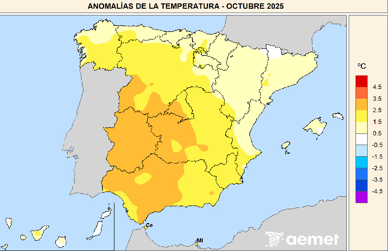 Anomalías de las temperaturas medias en octubre de 2025 respecto al período 1991-2020.