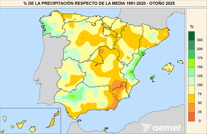 Porcentaje de las precipitaciones respecto al promedio normal del per&iacute;odo 1991-2020 durante el oto&ntilde;o de 2025.