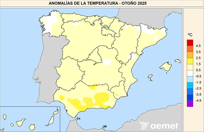 Anomal&iacute;as de la temperatura registrada en el oto&ntilde;o de 2025 respecto al promedio normal del per&iacute;odo 1991-2020.