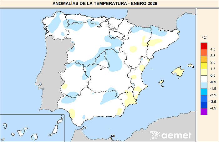Anomal&iacute;as de las temperaturas medias en enero de 2026 respecto al per&iacute;odo 1991-2020.