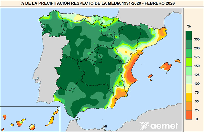 Porcentaje de la precipitaci&oacute;n con respecto a la media 1991-2020 en febrero de 2026.