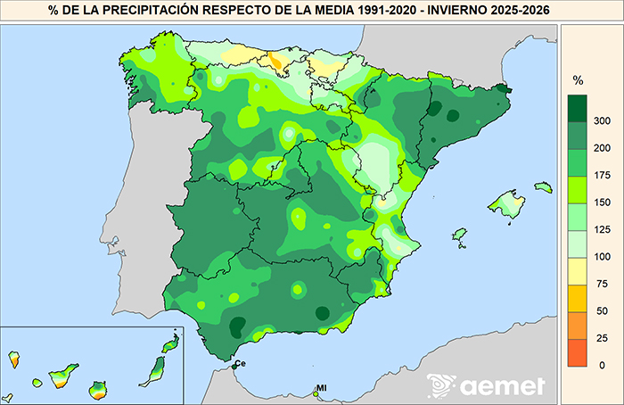 Porcentaje de las precipitaciones respecto al promedio normal del per&iacute;odo 1991-2020 durante el invierno 2025-26.