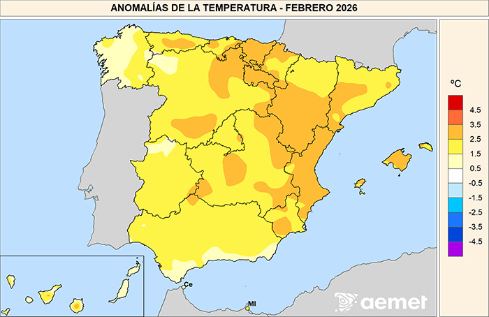 Anomal&iacute;as de las temperaturas medias en febrero de 2026 respecto al per&iacute;odo 1991-2020.