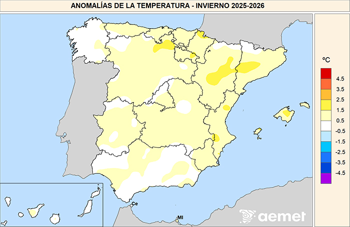 Anomal&iacute;as de la temperatura registrada en el invierno 2025-26 respecto al promedio normal del per&iacute;odo 1991-2020.