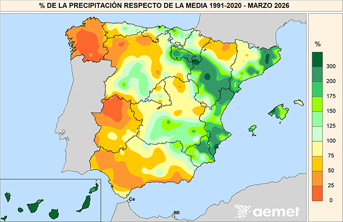 Porcentaje de la precipitaci&oacute;n con respecto a la media 1991-2020 en marzo de 2026.