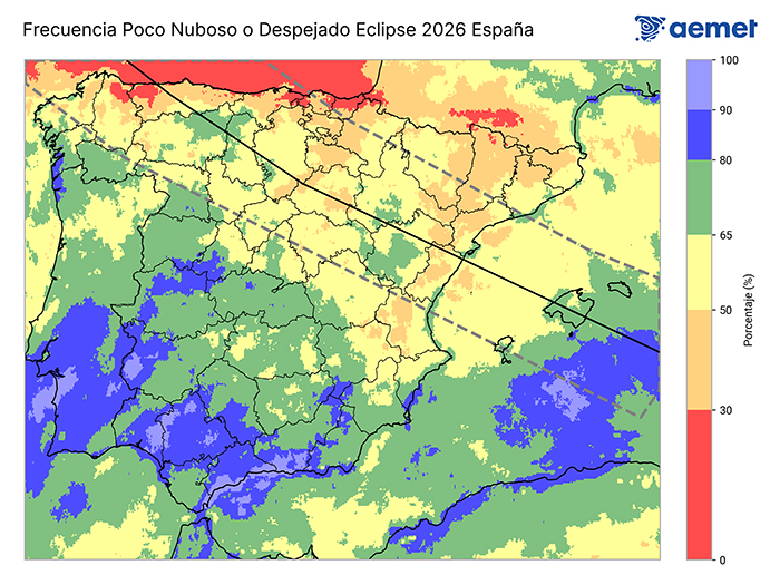 Mapa que muestra la frecuencia de que el cielo est&eacute; poco nuboso o despejado para los d&iacute;as del 11 al 13 de agosto de 17:00 a 20:00 horas UTC