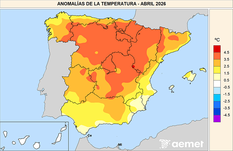 Anomal&iacute;as de las temperaturas medias en abril de 2026 respecto al per&iacute;odo 1991-2020.