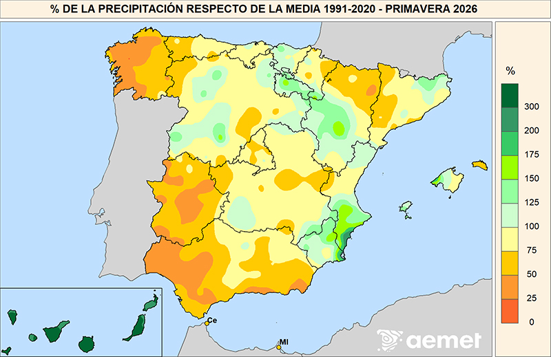 Porcentaje de las precipitaciones respecto al promedio normal del per&iacute;odo 1991-2020 durante la primavera 2026.