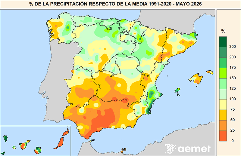 Porcentaje de la precipitaci&oacute;n con respecto a la media 1991-2020 en mayo de 2026.