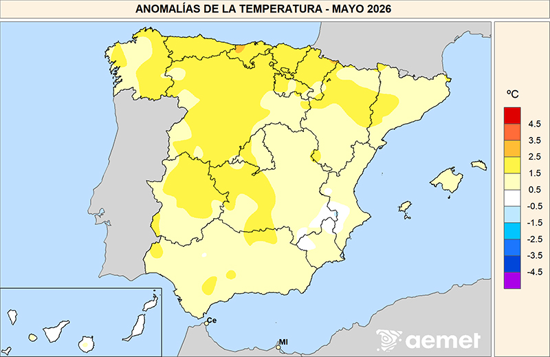 Anomal&iacute;as de las temperaturas medias en mayo de 2026 respecto al per&iacute;odo 1991-2020.