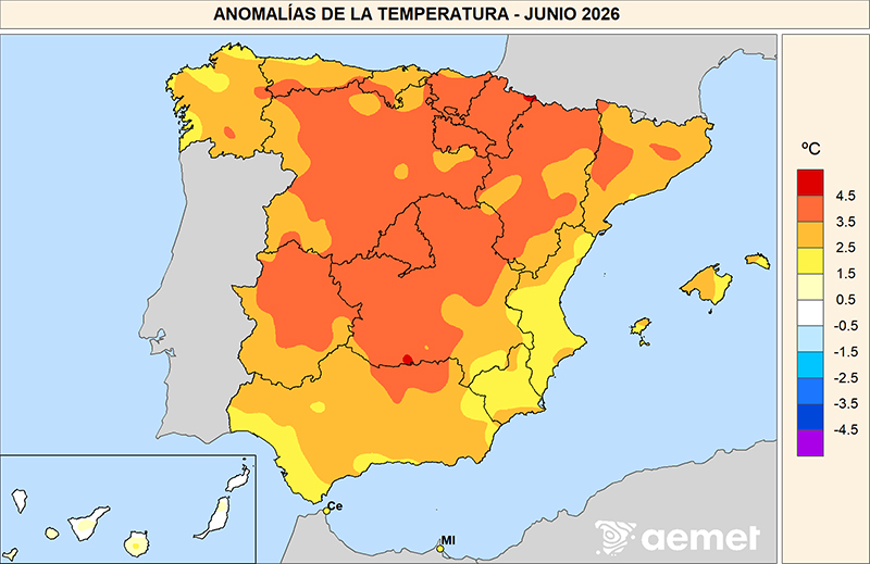Anomal&iacute;as de las temperaturas medias en junio de 2026 respecto al per&iacute;odo 1991-2020.
