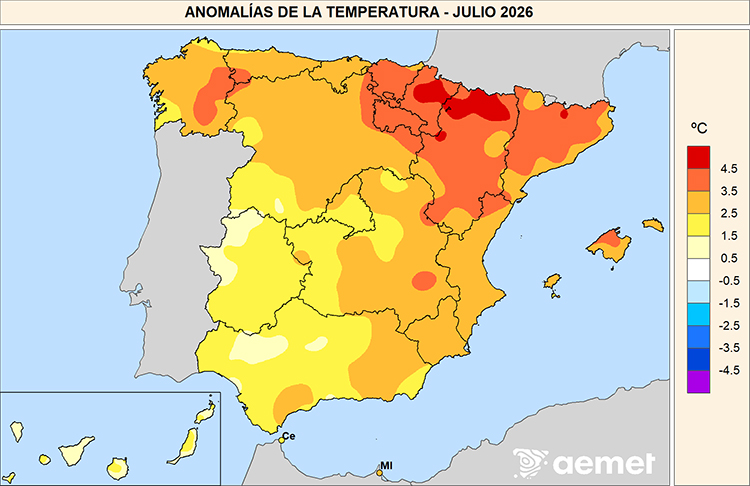 Anomal&iacute;as de las temperaturas medias en julio de 2026 respecto al per&iacute;odo 1991-2020.