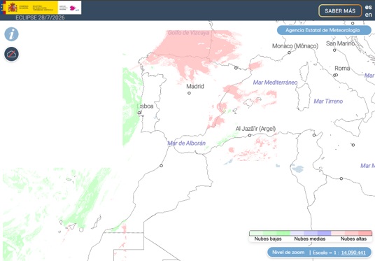 Ejemplo de visualizaci&oacute;n del visor interactivo del pron&oacute;stico de nubosidad desarrollado a partir de los modelos de la Agencia Estatal de Meteorolog&iacute;a
