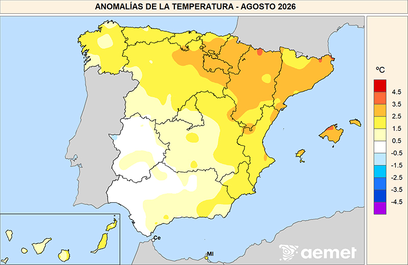 Anomal&iacute;as de las temperaturas medias en agosto de 2026 respecto al per&iacute;odo 1991-2020.