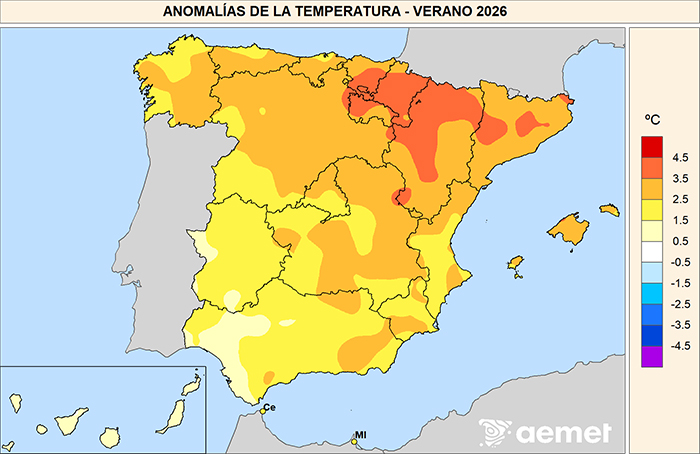 Anomal&iacute;as de la temperatura registradas en el verano de 2026 respecto al promedio normal del per&iacute;odo 1991-2020.