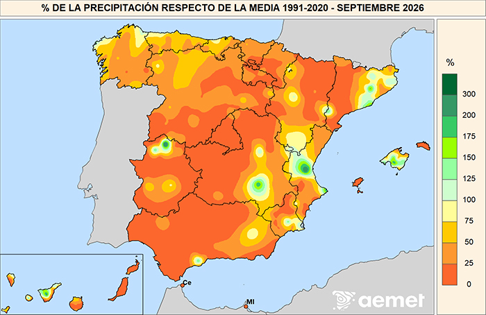 Porcentaje de la precipitaci&oacute;n con respecto a la media 1991-2020 en septiembre de 2026.