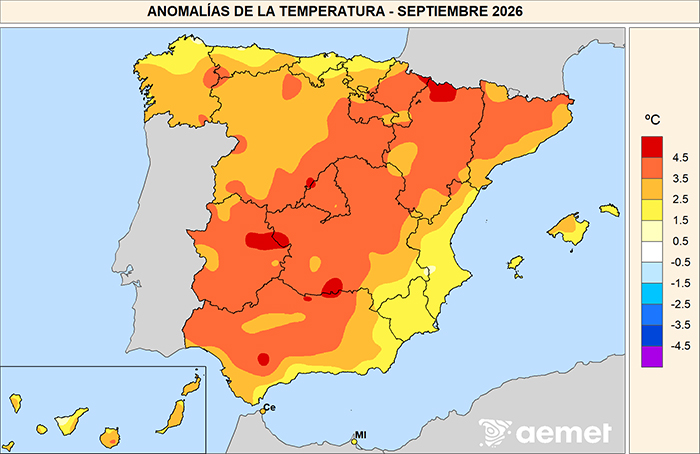 Anomal&iacute;as de las temperaturas medias en septiembre de 2026 respecto al per&iacute;odo 1991-2020.