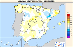 Anomalías temperaturas diciembre 2016