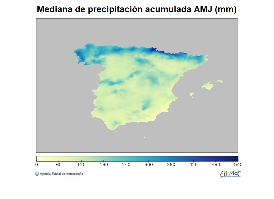 Mediana de la precipitación acumulada (mm) de la Península y Baleares