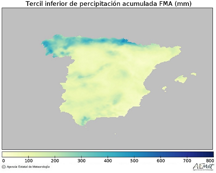 Tercil inferior de la precipitación acumulada (mm) de la Península y Baleares