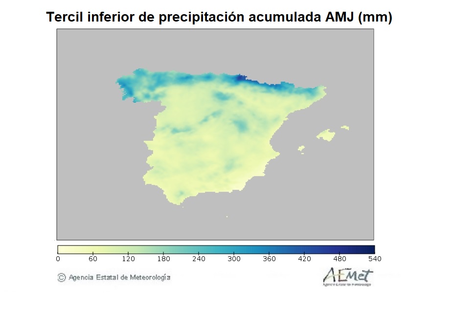 Tercil inferior de la precipitación acumulada (mm) de la Península y Baleares