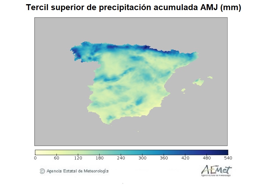 Tercil superior de la precipitación acumulada (mm) de la Península y Baleares