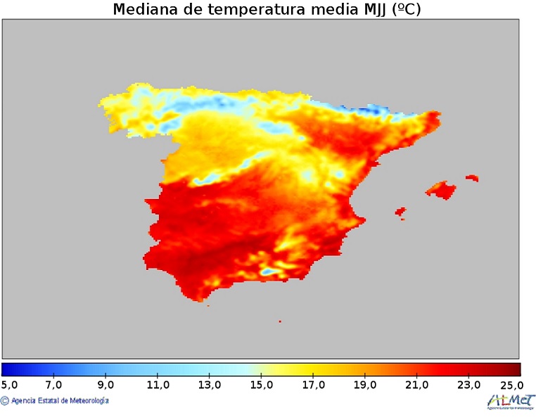 Mediana de la temperatura media (ºC) de la Península y Baleares