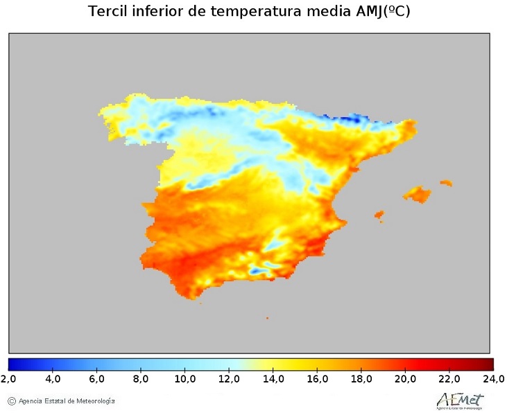 Tercil inferior de la temperatura media (ºC) de la Península y Baleares