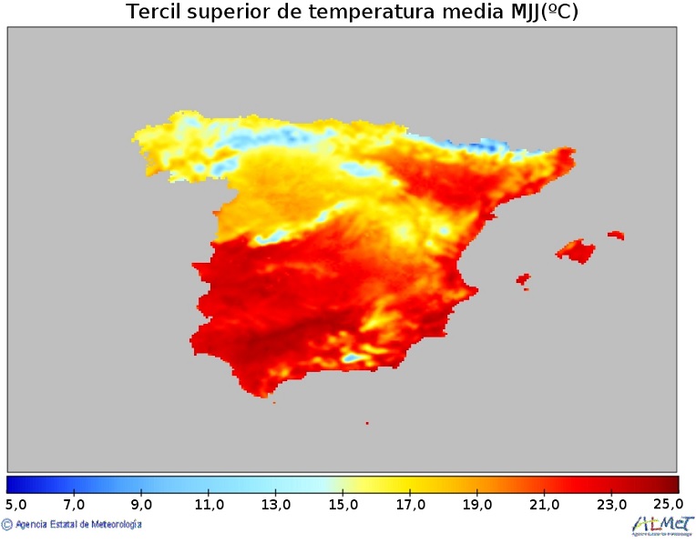 Tercil superior de la temperatura media (ºC) de la Península y Baleares
