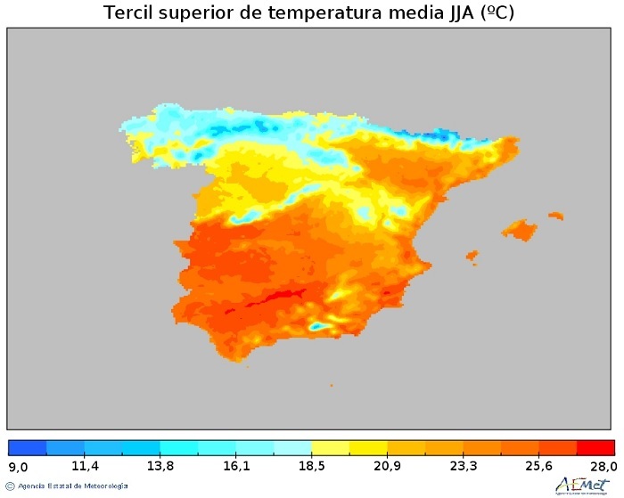 Tercil superior de la temperatura media (ºC) de la Península y Baleares