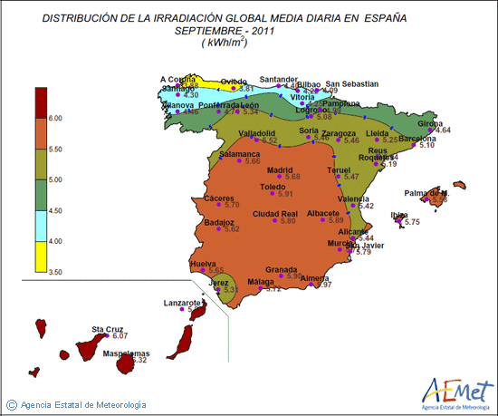 Distribución de la irradiación media global en España (septiembre 2011)