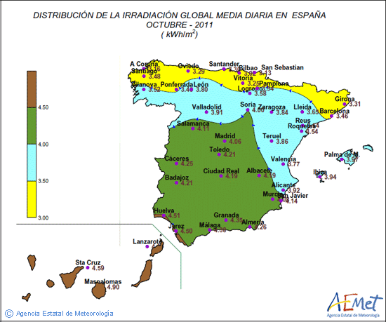 Distribución de la irradiación media global en España (octubre 2011)