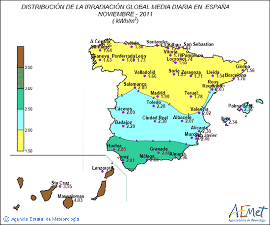 Distribución de la irradiación media global en España (noviembre 2011)