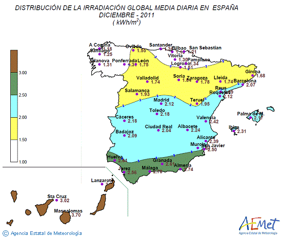 Distribución de la irradiación media global en España (diciembre 2011)