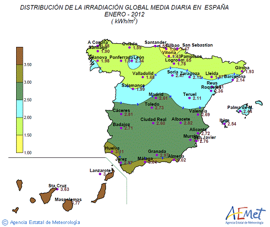 Distribución de la irradiación media global en España (enero 2012)