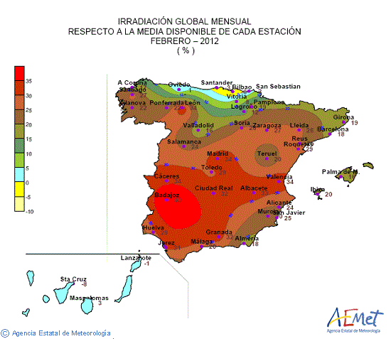Distribución de la irradiación media global en España (febrero 2012)
